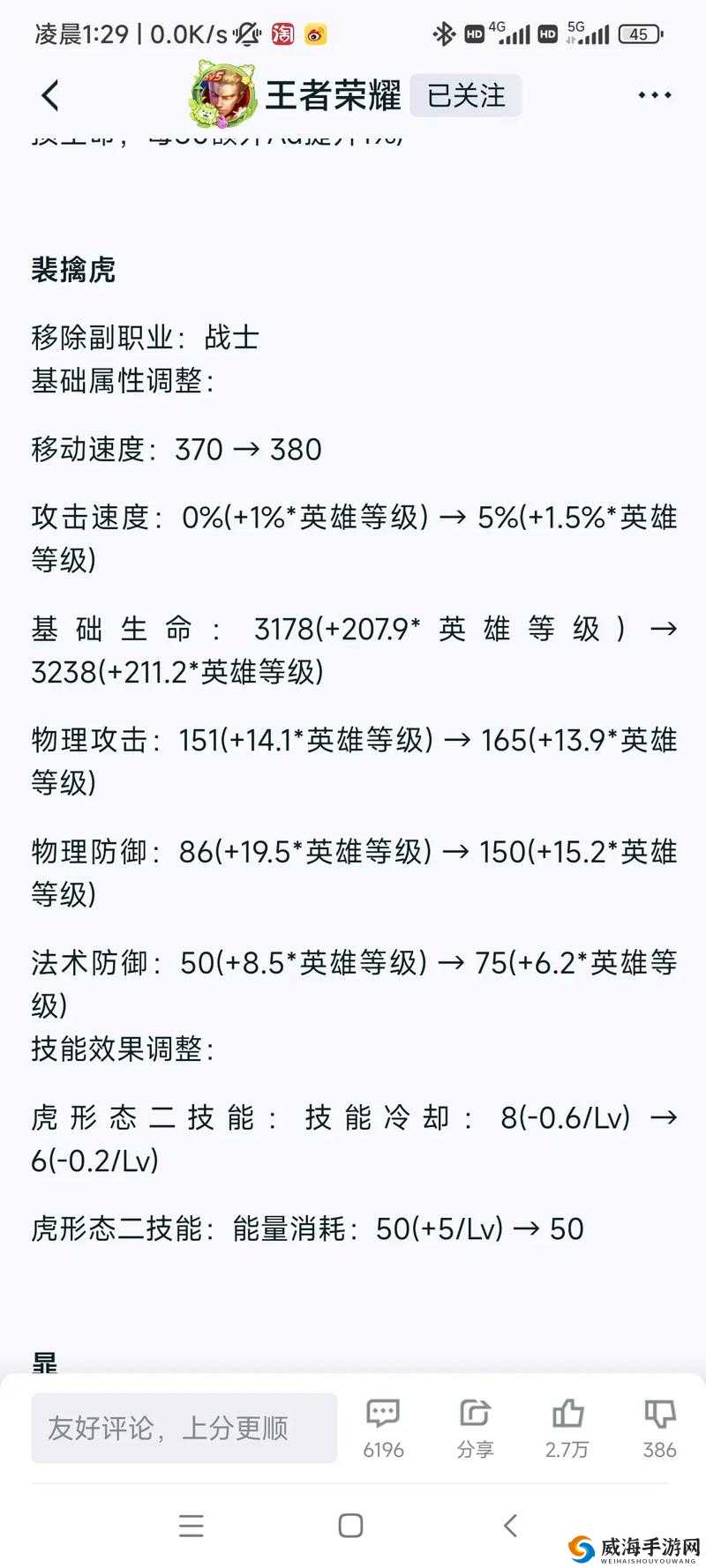 王者荣耀体验服裴擒虎遭削弱，被动技能与基础攻击力全面下调